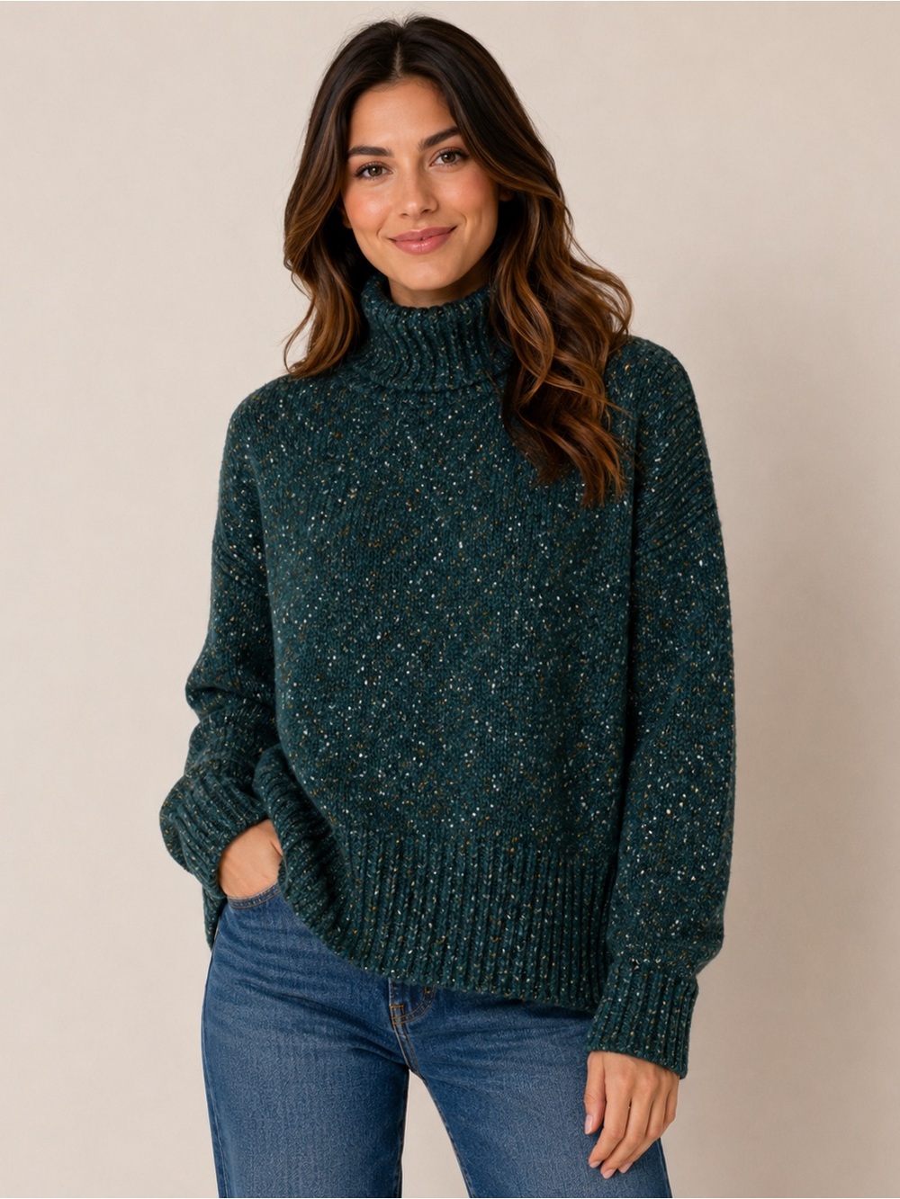 J. Jill Speckled Turtleneck Sweater Dark Teal Cozy Knit Pullover